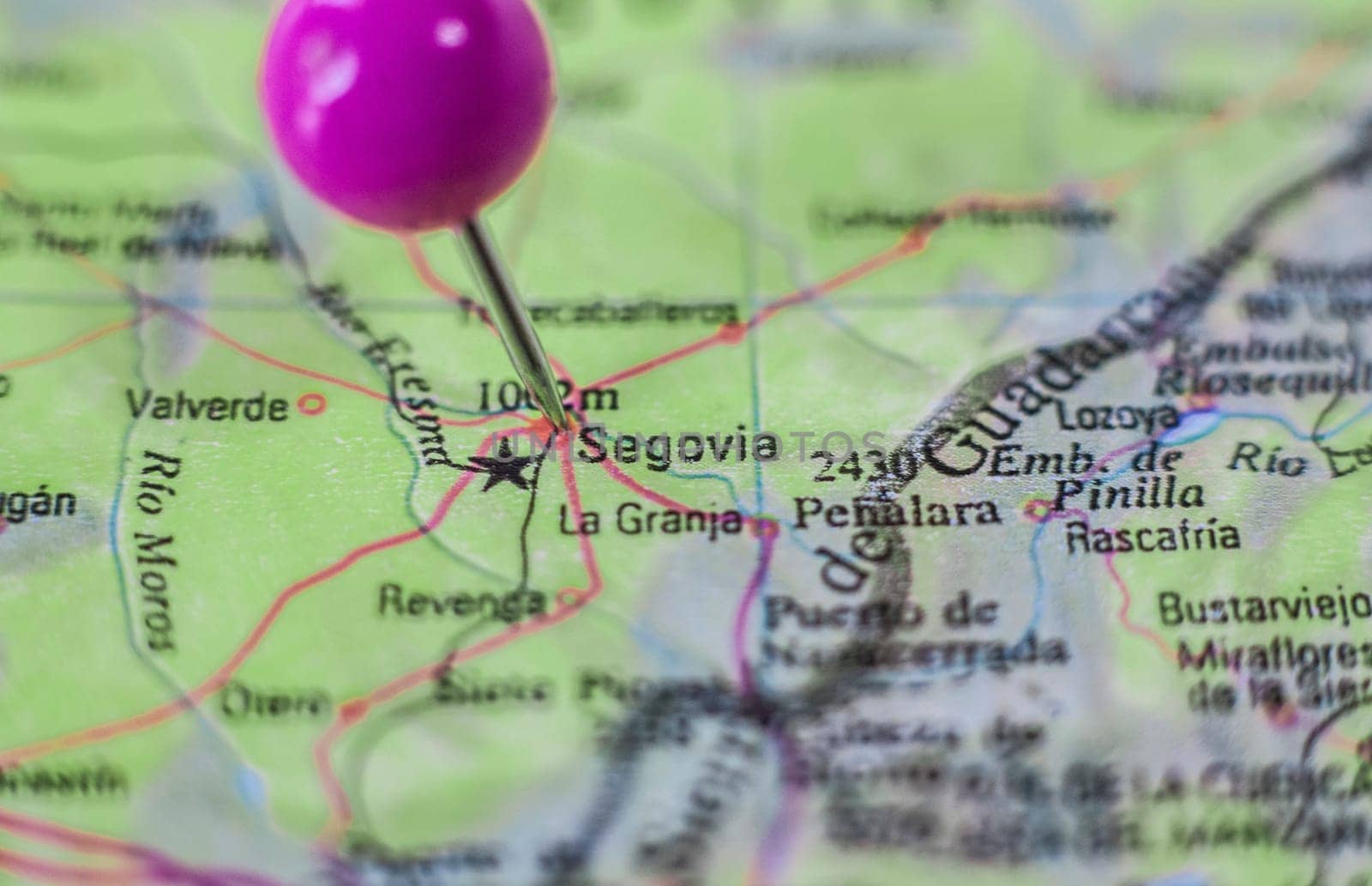 Pushpin marking on Cartagena, Spain. Selective focus on city