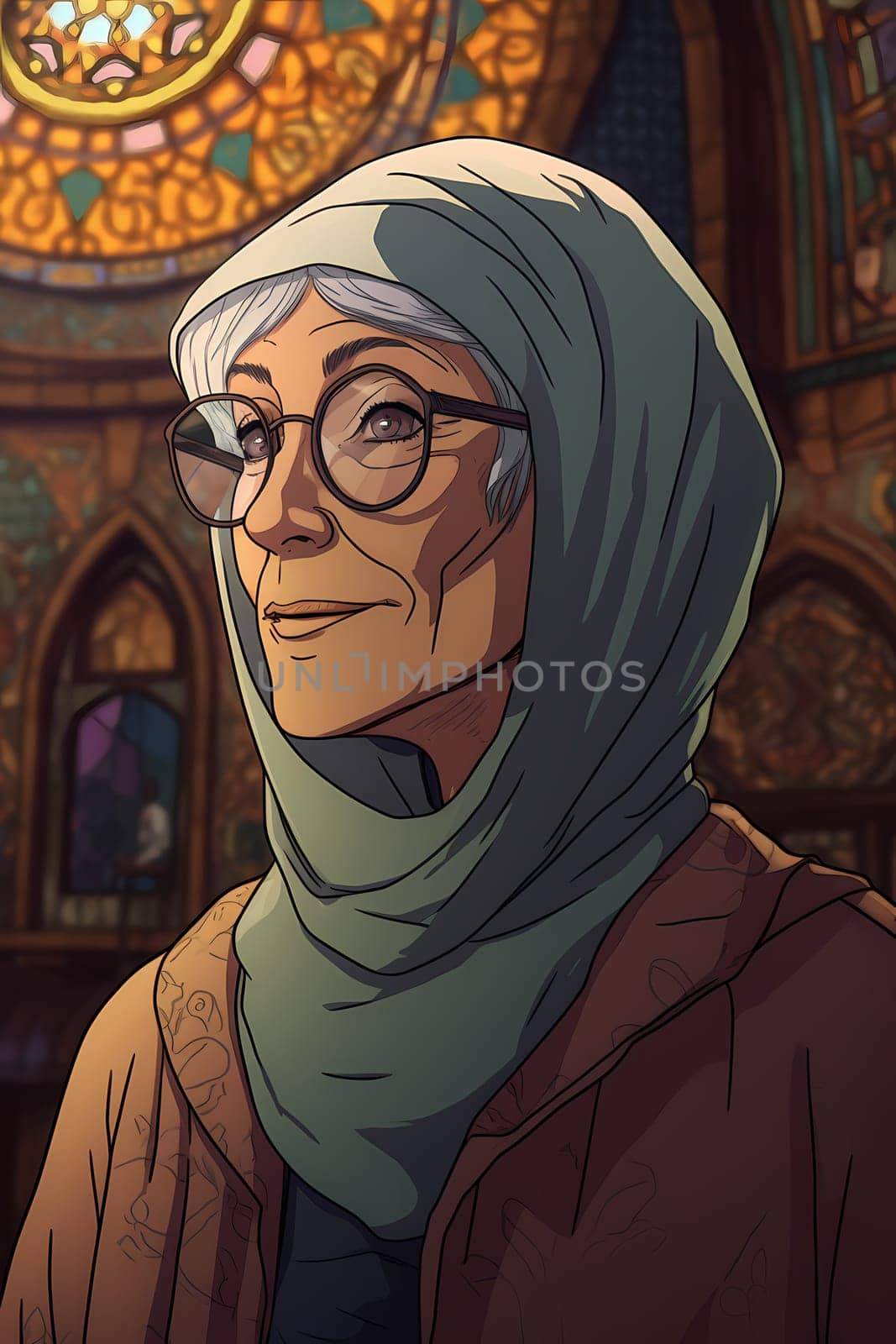 A 45-year-old Middle Eastern woman is being portrayed in a mosque with intricate and stunning architecture and design. (generative AI)
