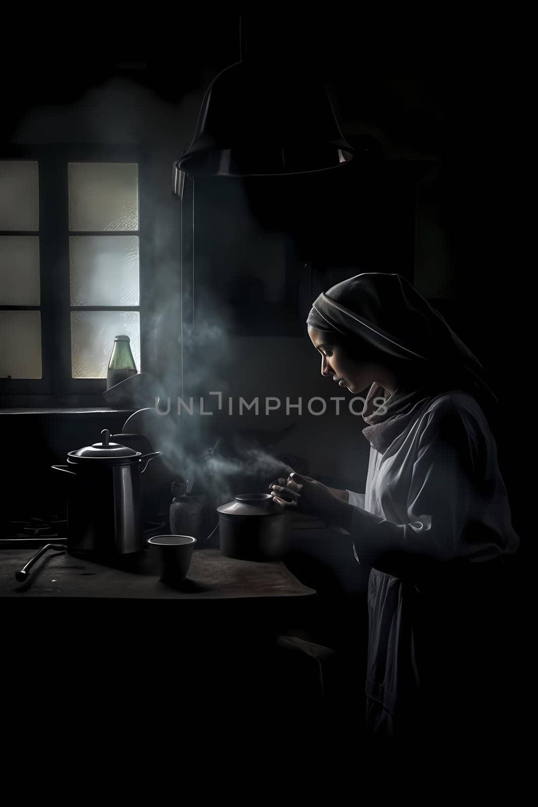 A 45-year-old Middle Eastern woman is cooking and preparing a meal in her kitchen. (generative AI)