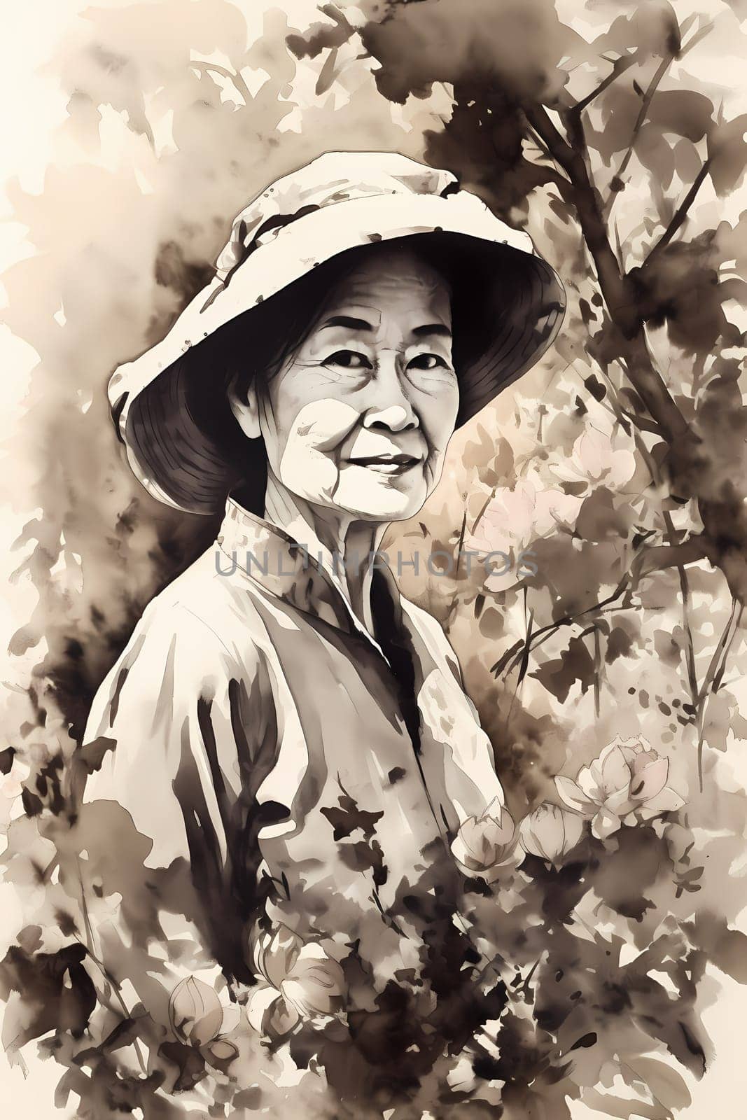 A 50-year-old Asian woman poses in a beautiful garden surrounded by blooming flowers and greenery. (generative AI)