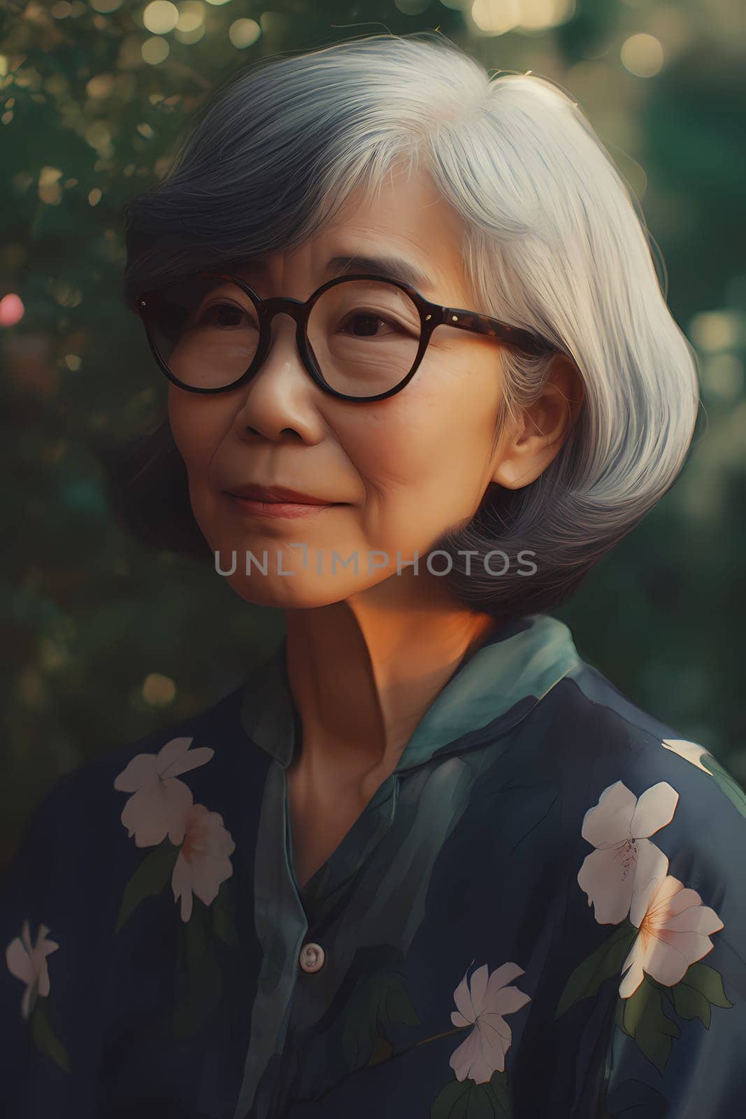 A 50-year-old Asian woman poses in a beautiful garden surrounded by blooming flowers and greenery. (generative AI)