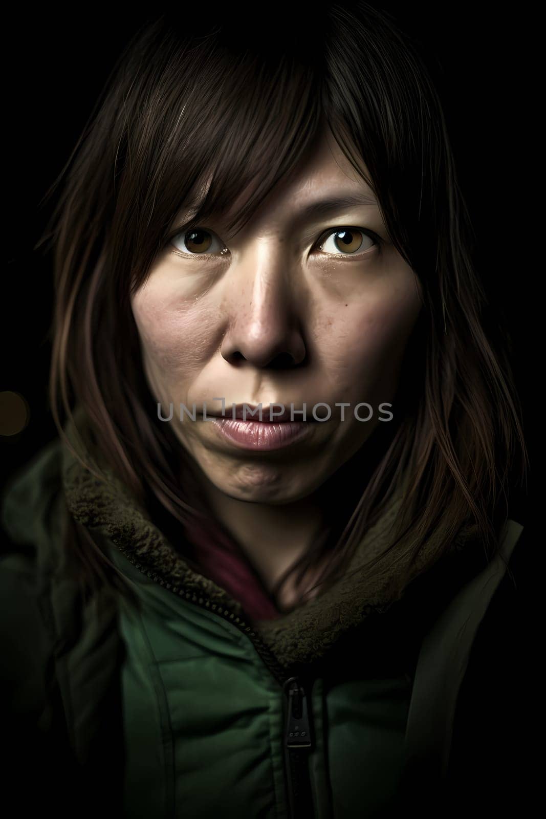 A 50 year old Asian woman poses in the middle of a busy city street at night with neon signs illuminating the background. (generative AI)
