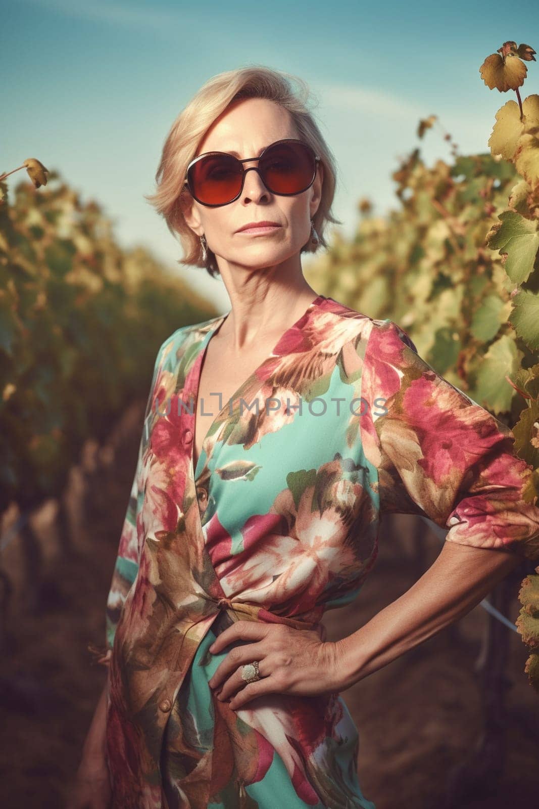A 45 years old Caucasian woman is being portrayed in a picturesque vineyard. (generative AI)