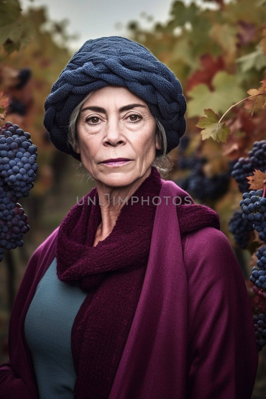 A 45 years old Caucasian woman is being portrayed in a picturesque vineyard. (generative AI)