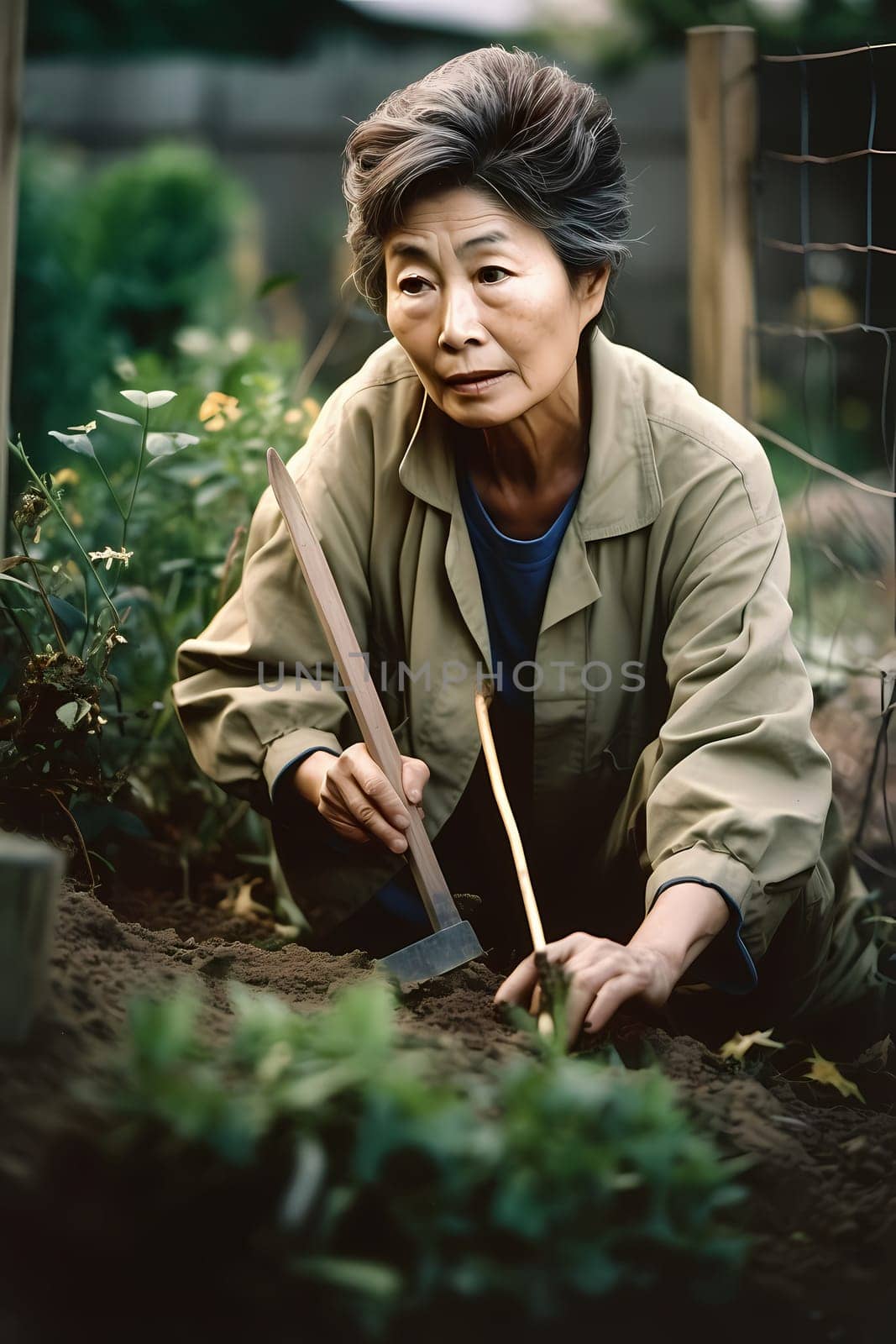 A 50-year-old Asian woman is planting flowers in her backyard garden. (generative AI)