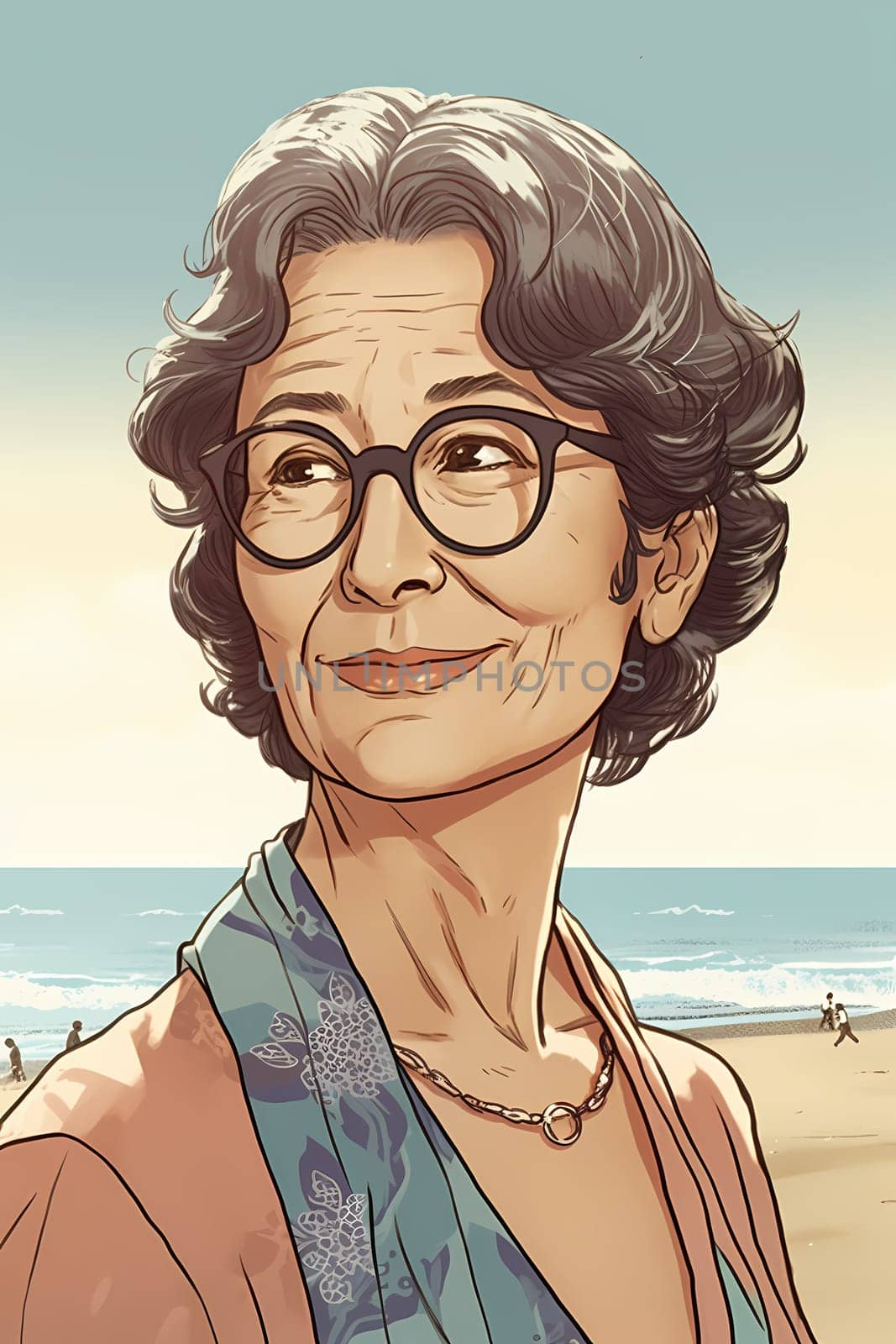 A 50-year-old Caucasian woman is being portrayed on a sandy beach near the ocean. (generative AI)