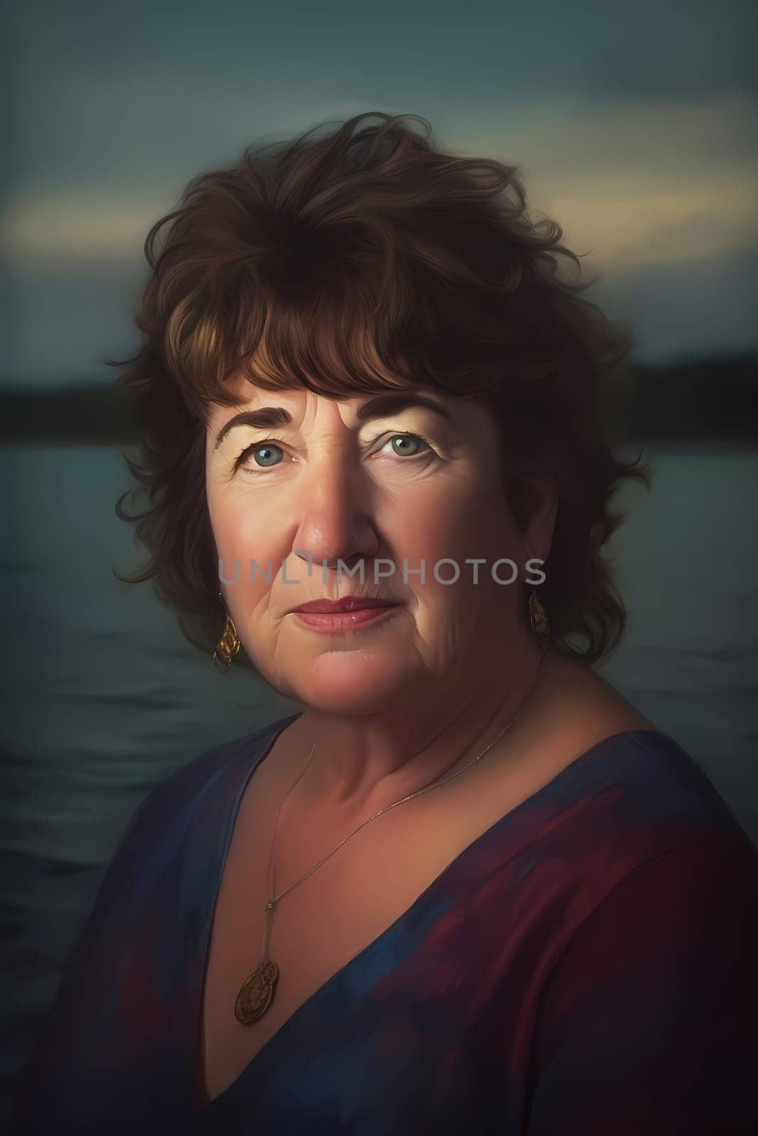 A 50-year-old Caucasian woman is being portrayed on a sandy beach near the ocean. (generative AI)