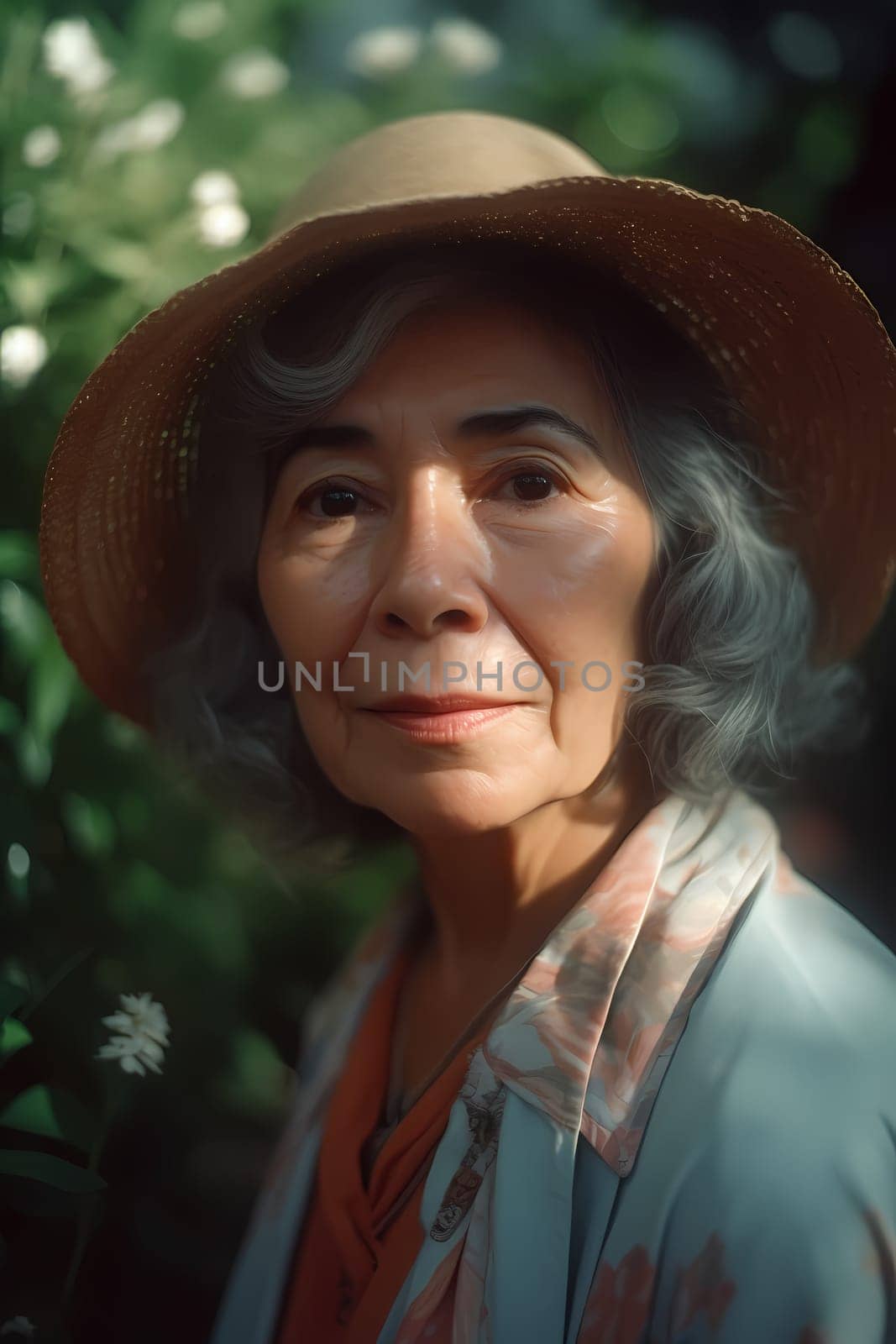 A 50-year-old Hispanic woman stands in a flower-filled garden with a serene expression. (generative AI)