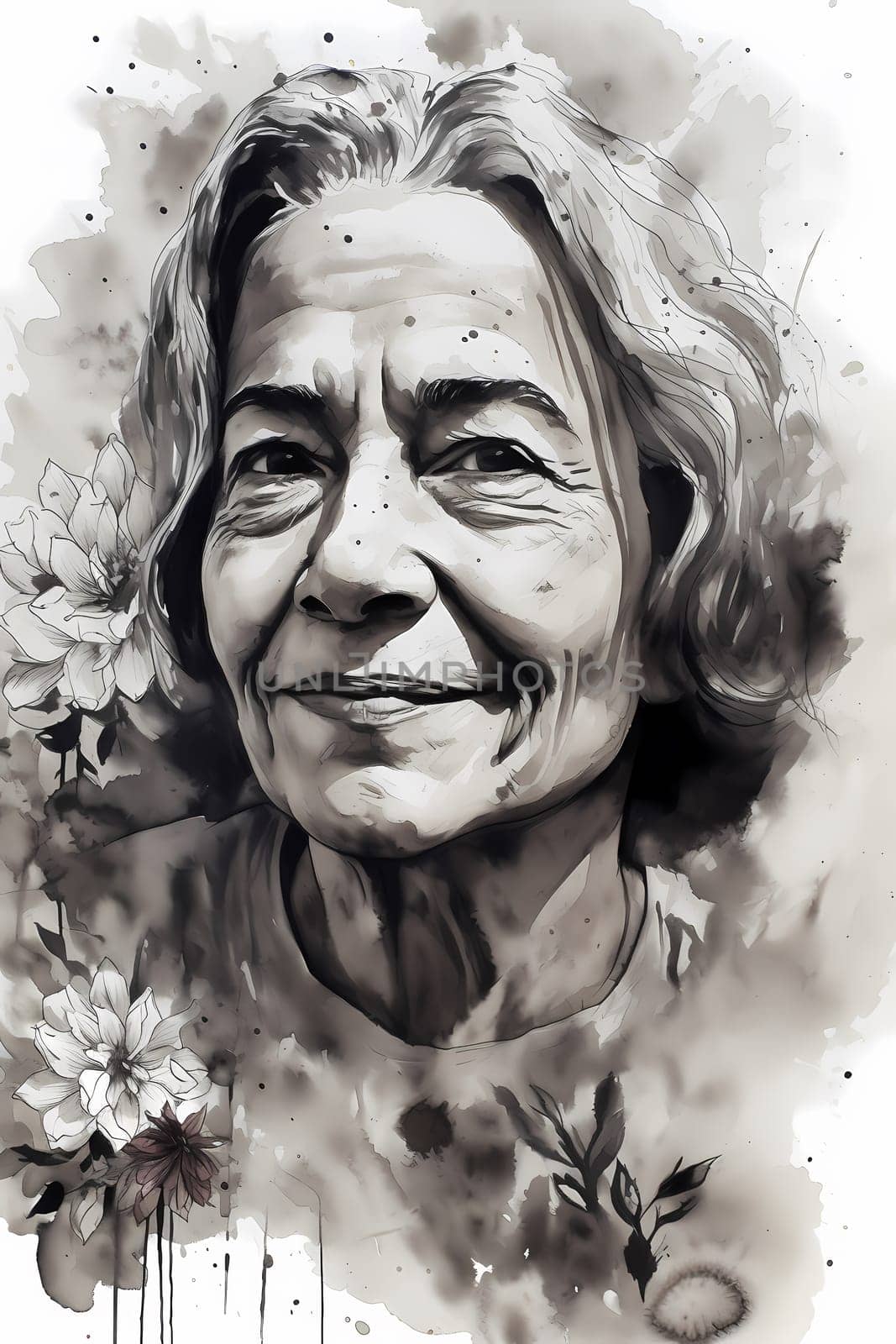 A 50-year-old Hispanic woman stands in a flower-filled garden with a serene expression. (generative AI)