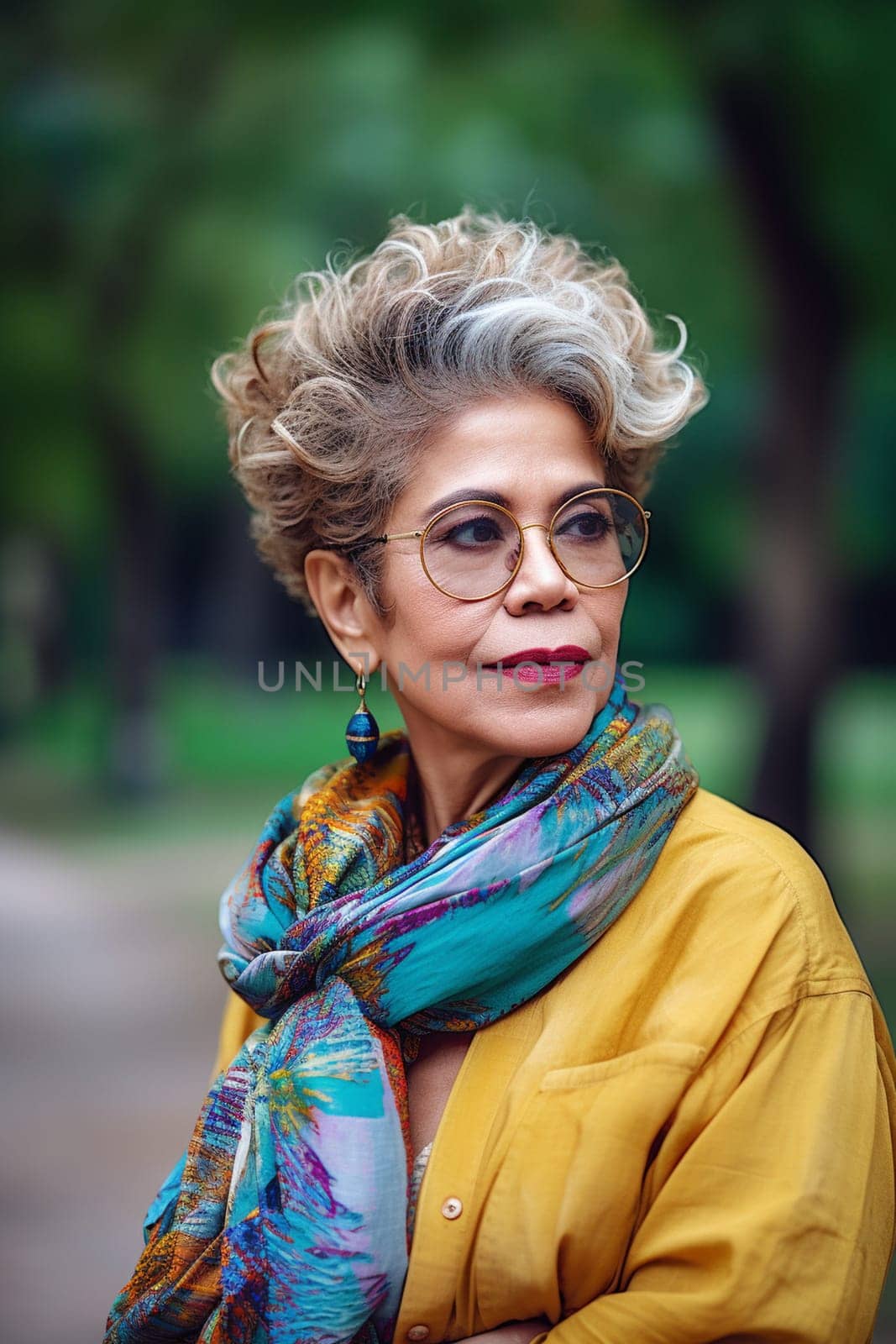 A 50 year old Hispanic woman is surrounded by trees and greenery in a peaceful city park. (generative AI)