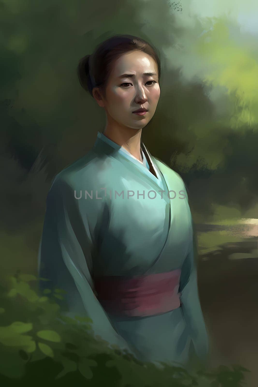 A 50-year-old Asian woman is being portrayed in a lush garden with colorful flowers and plants around her. (generative AI)