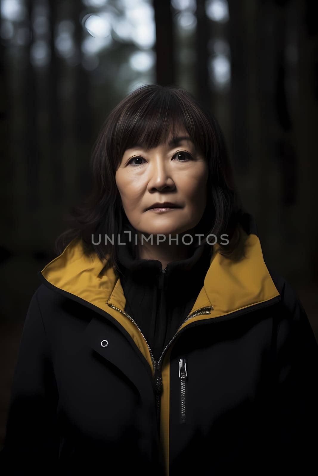 A 50-year-old Asian woman poses in a beautiful garden surrounded by blooming flowers and greenery. (generative AI)
