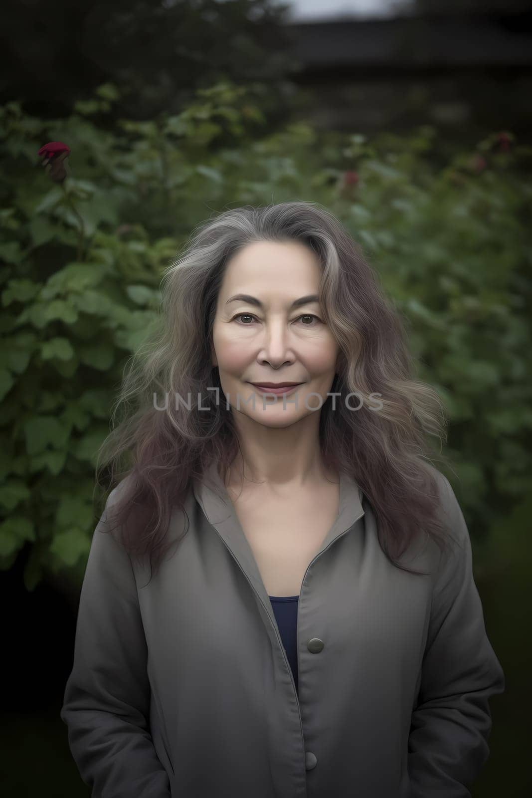 A 50-year-old Asian woman is being portrayed in a lush garden with colorful flowers and plants around her. (generative AI)