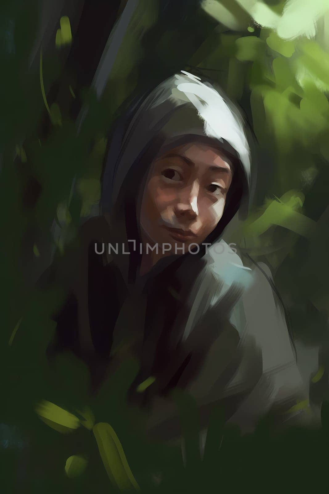 A 50-year-old Asian woman poses in a beautiful garden surrounded by blooming flowers and greenery. (generative AI)