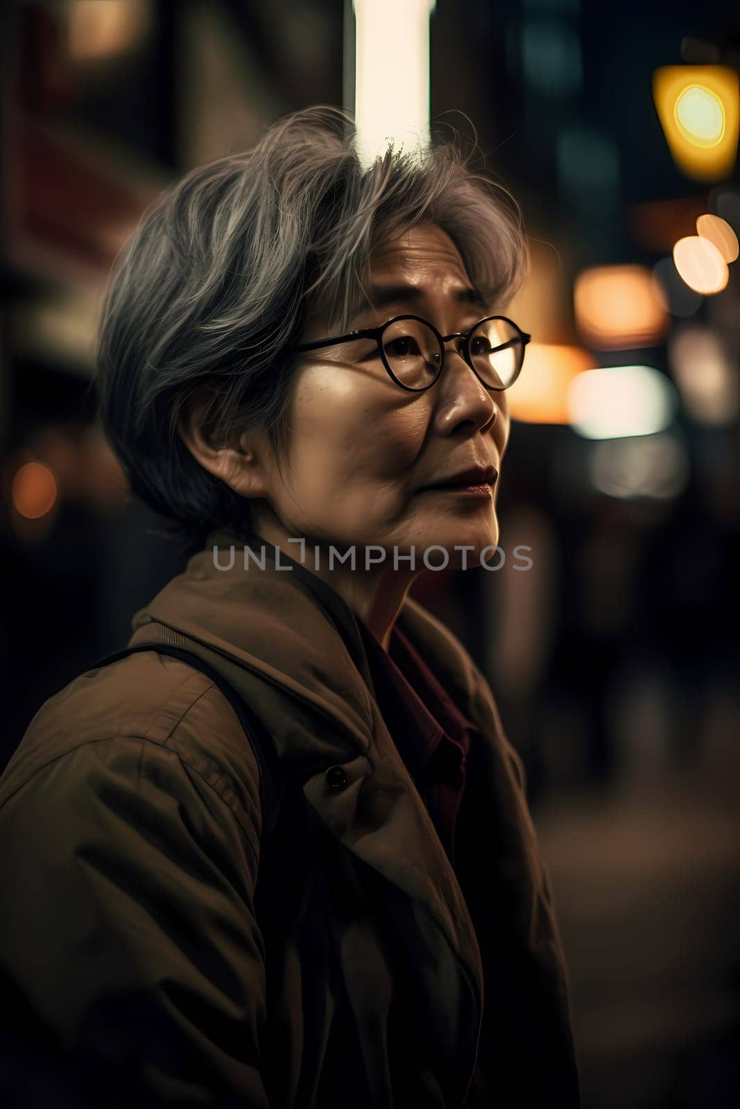 A 50 year old Asian woman poses in the middle of a busy city street at night with neon signs illuminating the background. (generative AI)