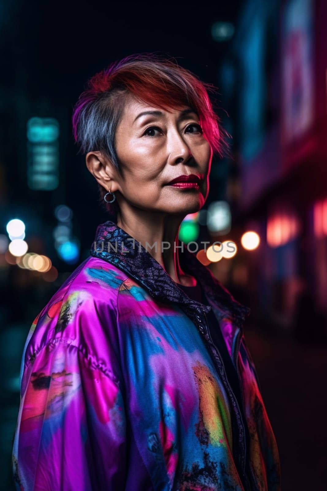 A 50 year old Asian woman poses in the middle of a busy city street at night with neon signs illuminating the background. (generative AI)