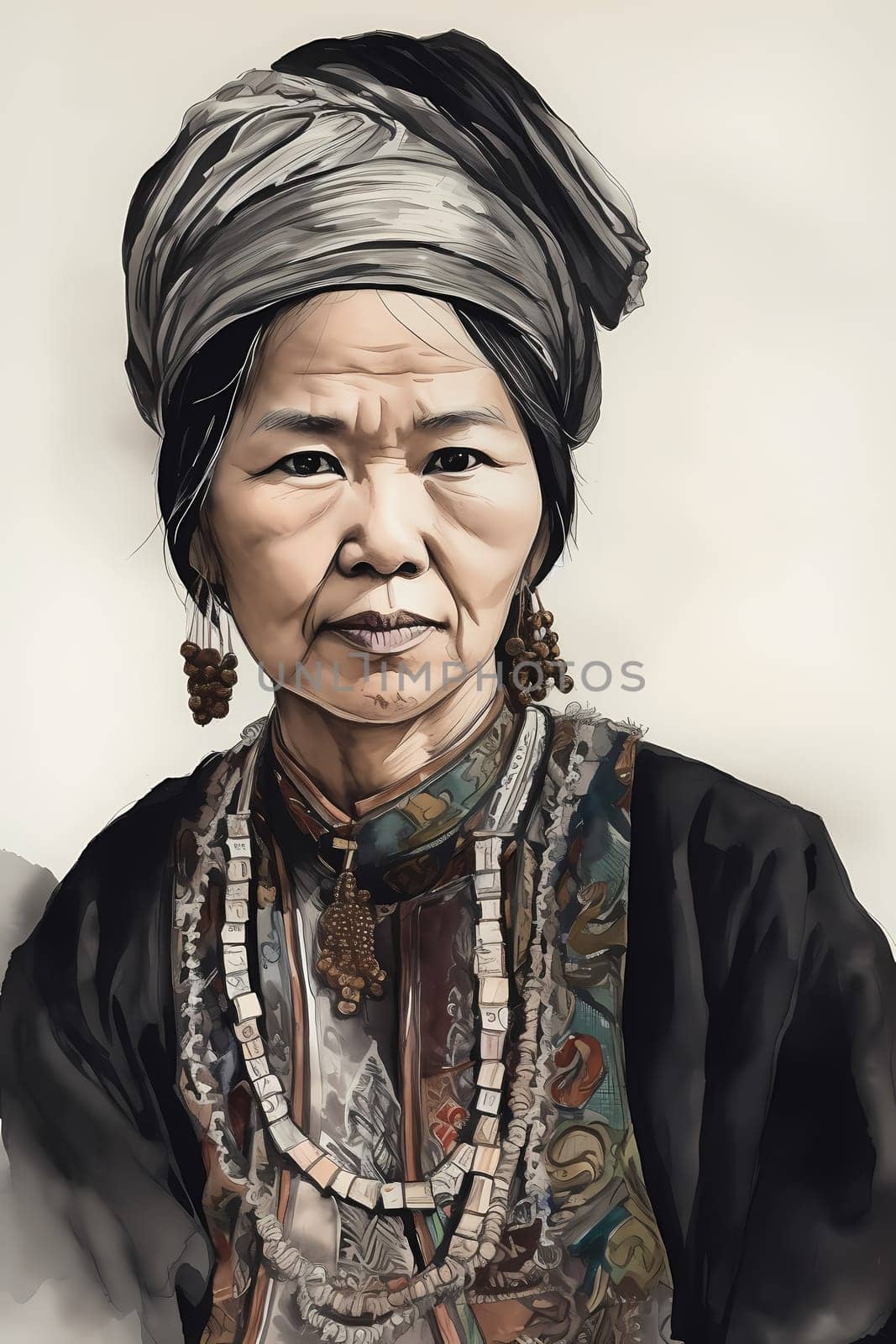 A 50-year-old Asian woman is being portrayed in a traditional dress. (generative AI)