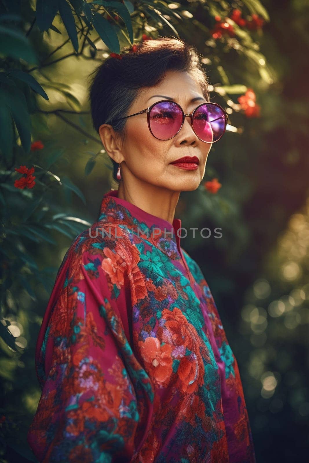 A 50-year-old Asian woman is being portrayed in a lush garden with colorful flowers and plants around her. (generative AI)