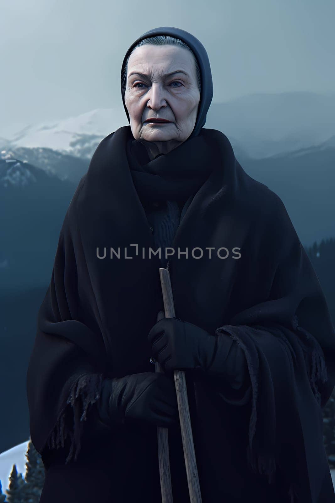 A 50 year old Caucasian woman smiling at the top of a mountain peak with blue skies and clouds in the background. (generative AI)