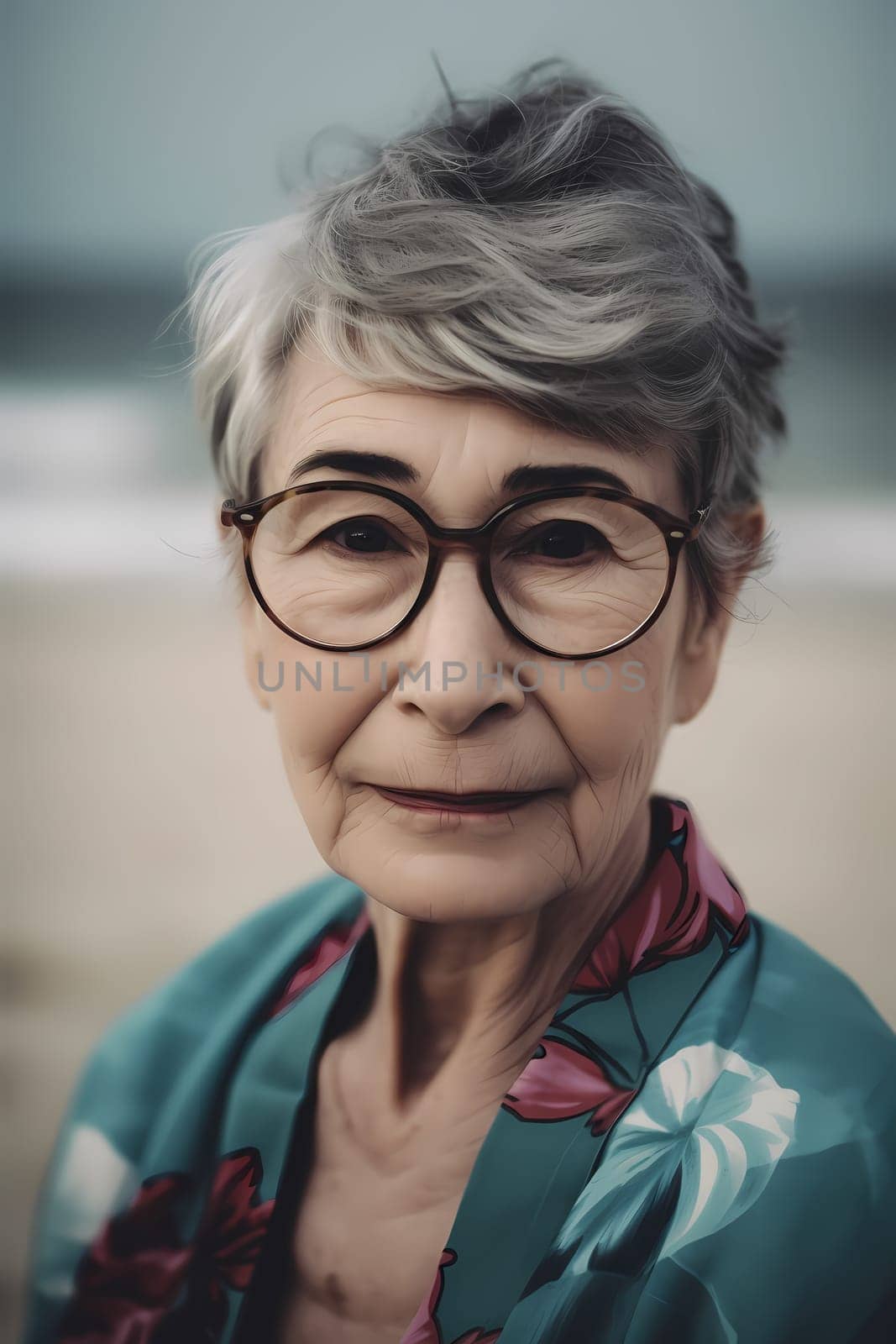 A 50-year-old Caucasian woman is being portrayed on a sandy beach near the ocean. (generative AI)