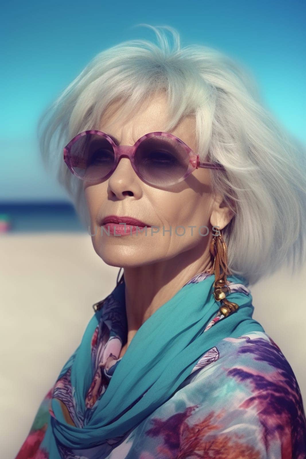 A 50-year-old Caucasian woman is being portrayed on a sandy beach near the ocean. (generative AI)