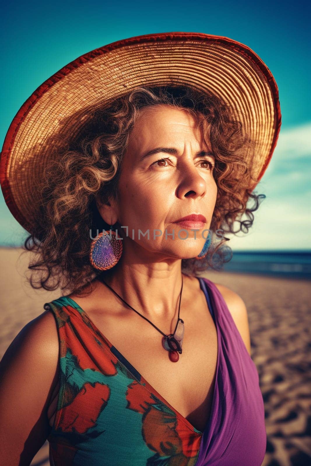 A 50-year-old Latina woman is being portrayed on a beautiful beach. (generative AI)