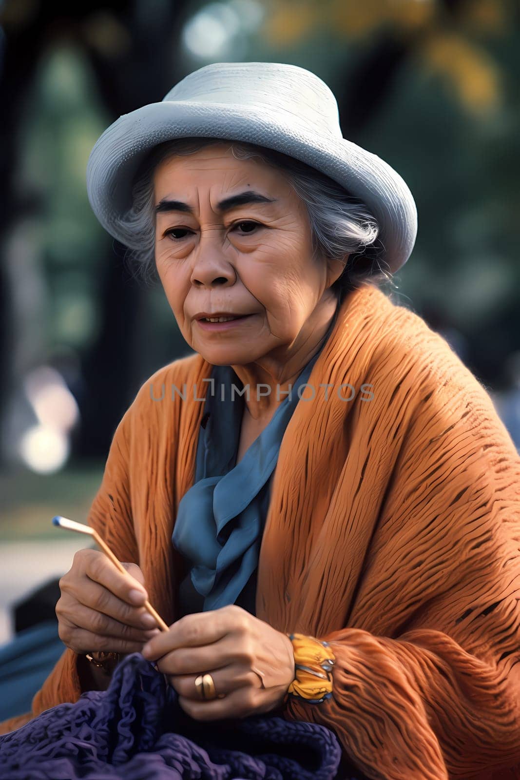 A 50-year-old Mexican woman is depicted knitting in a park surrounded by nature (generative AI)