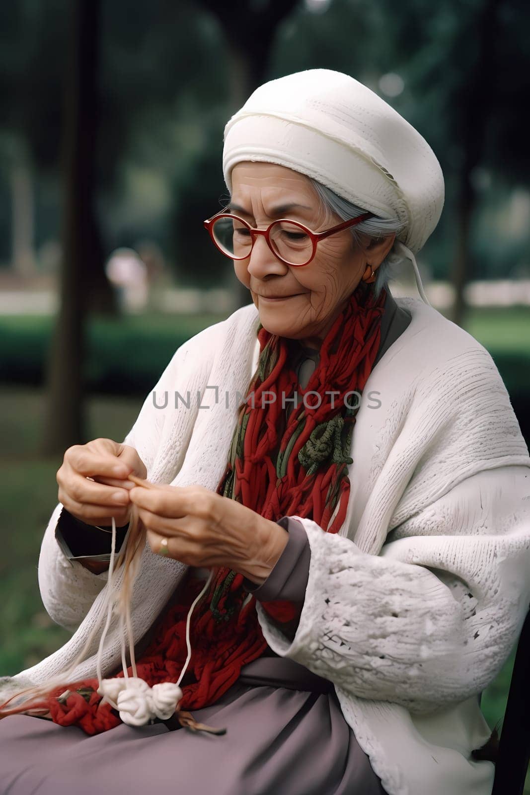A 50-year-old Mexican woman is depicted knitting in a park surrounded by nature (generative AI)