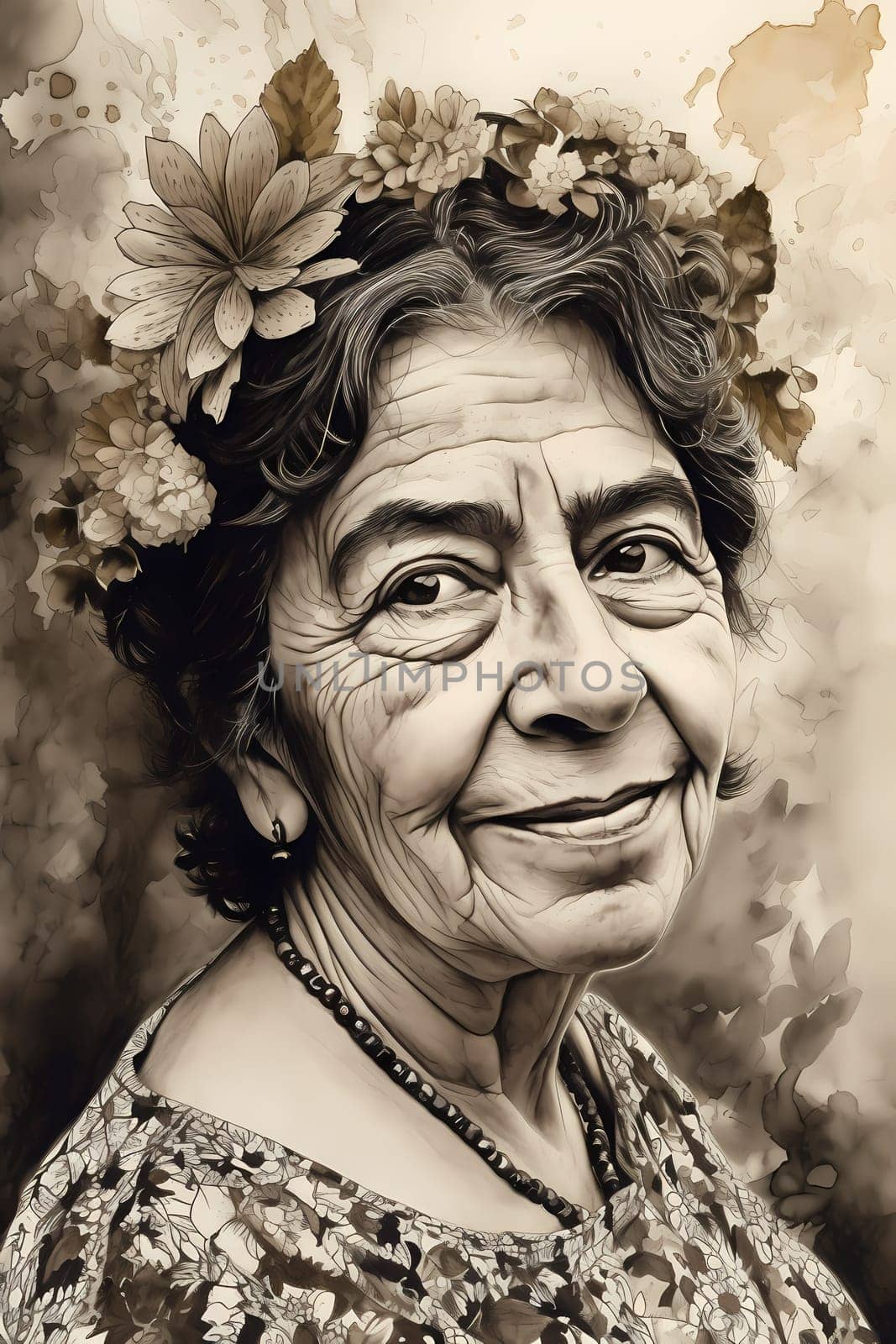 A 50-year-old Hispanic woman stands in a flower-filled garden with a serene expression. (generative AI)