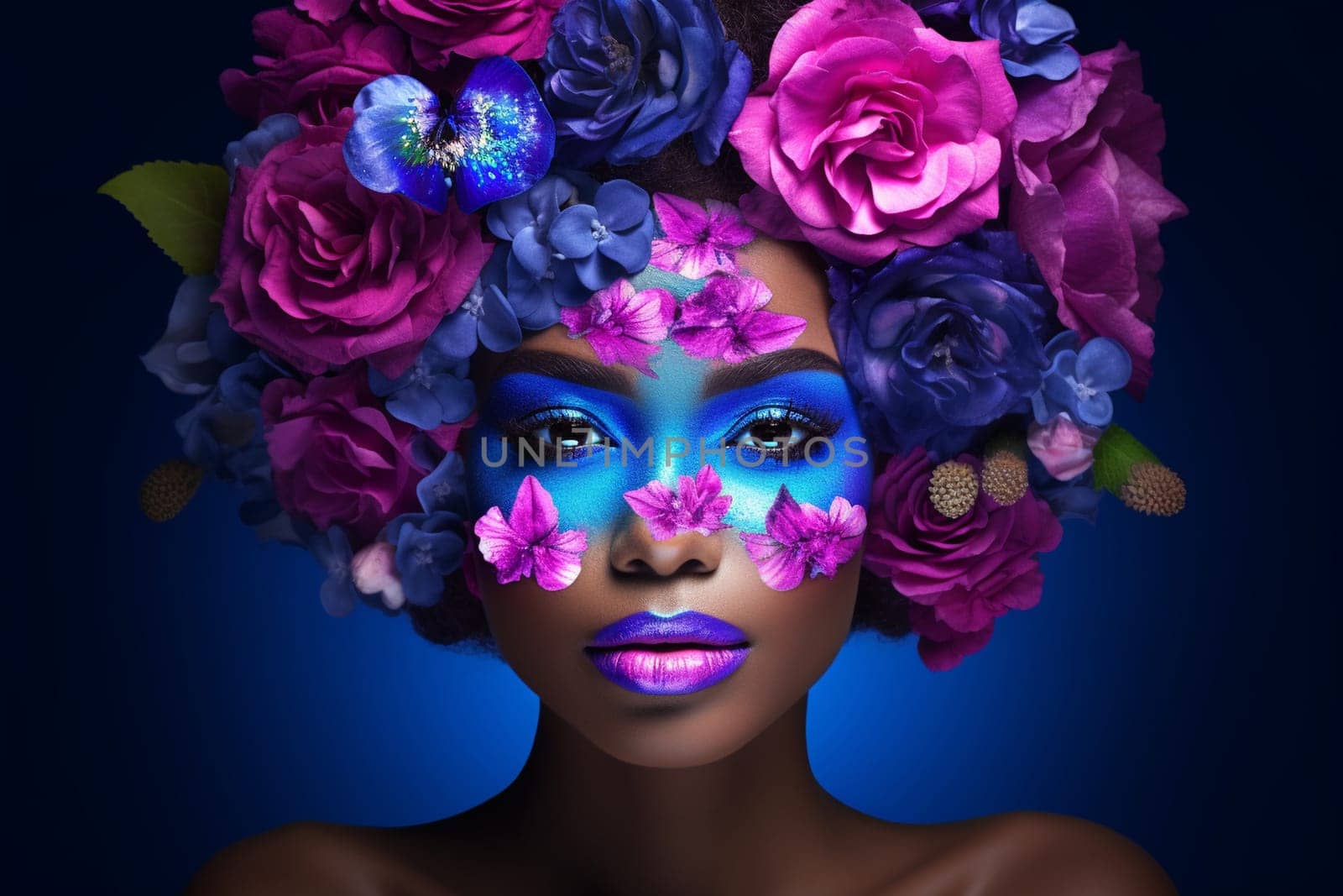 A 50-year-old Hispanic woman stands in a flower-filled garden with a serene expression. (generative AI)