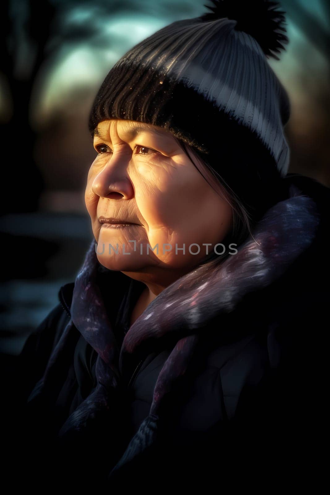 A 50 year old Hispanic woman is surrounded by trees and greenery in a peaceful city park. (generative AI)