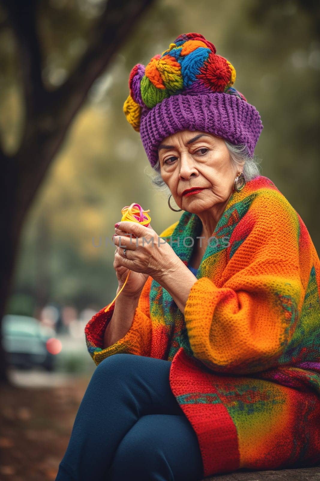A 50-year-old Mexican woman is depicted knitting in a park surrounded by nature (generative AI)