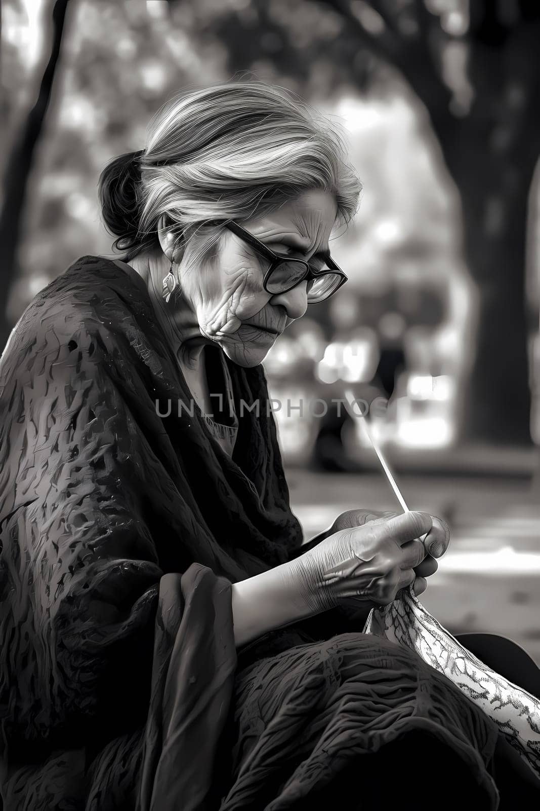 A 50-year-old Mexican woman is depicted knitting in a park surrounded by nature (generative AI)