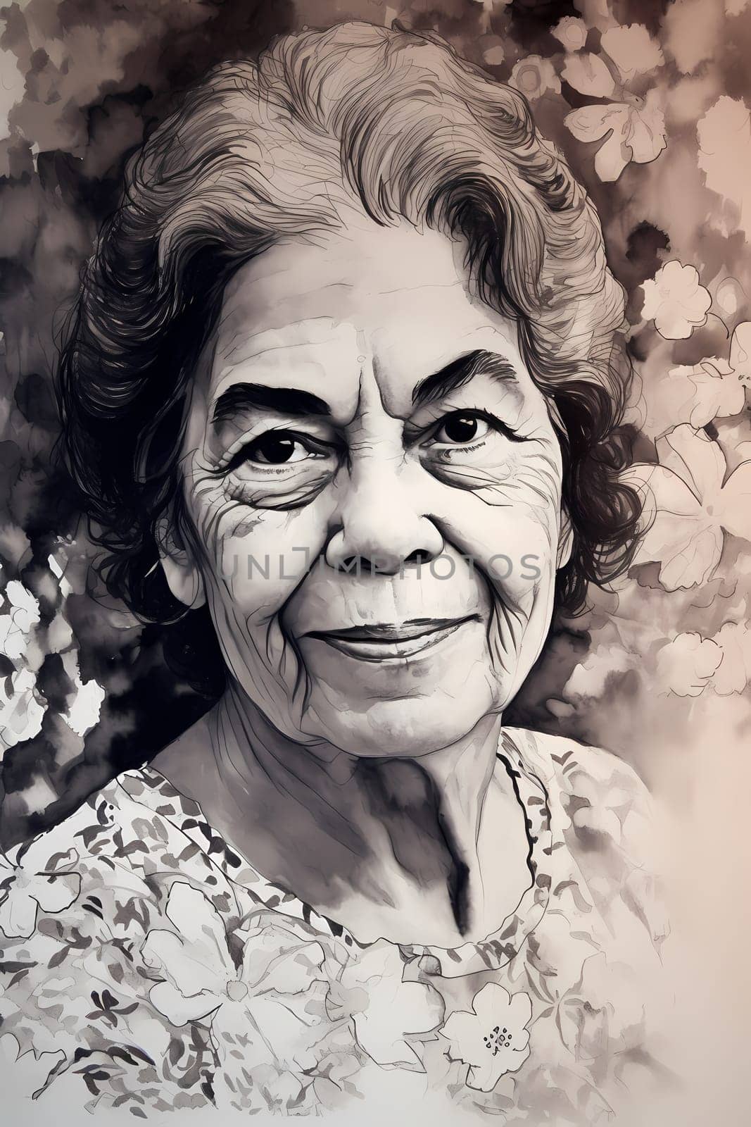 A 50-year-old Hispanic woman stands in a flower-filled garden with a serene expression. (generative AI)