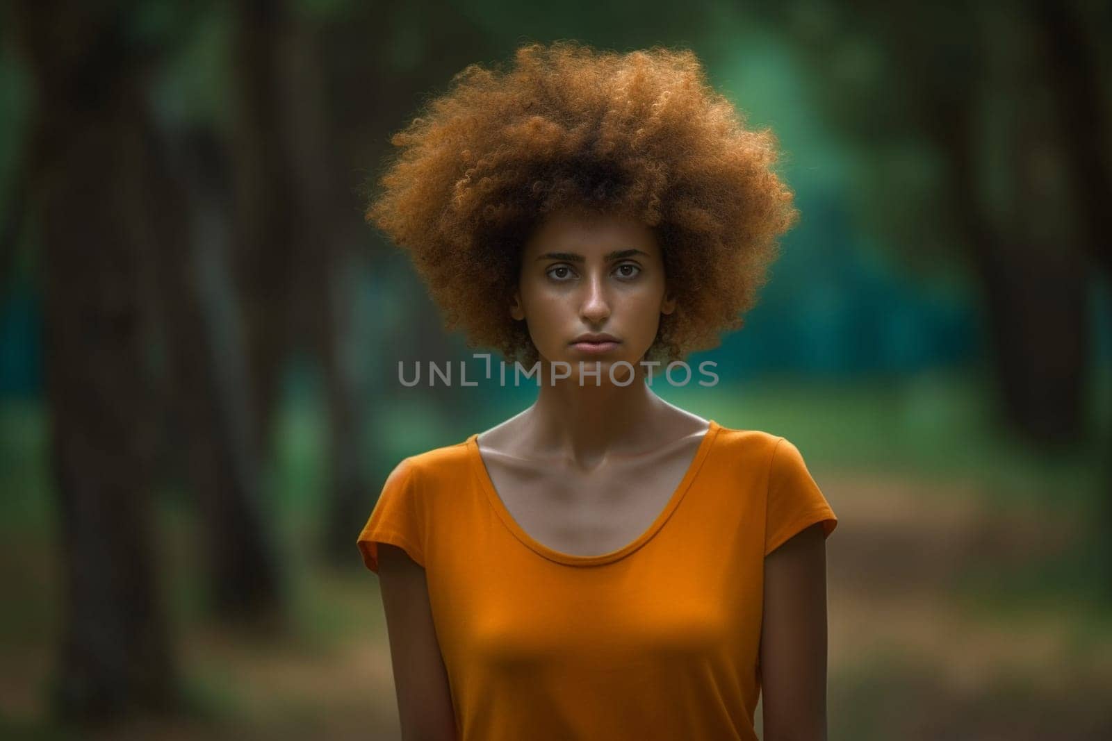 A 50 year old Hispanic woman is surrounded by trees and greenery in a peaceful city park. (generative AI)