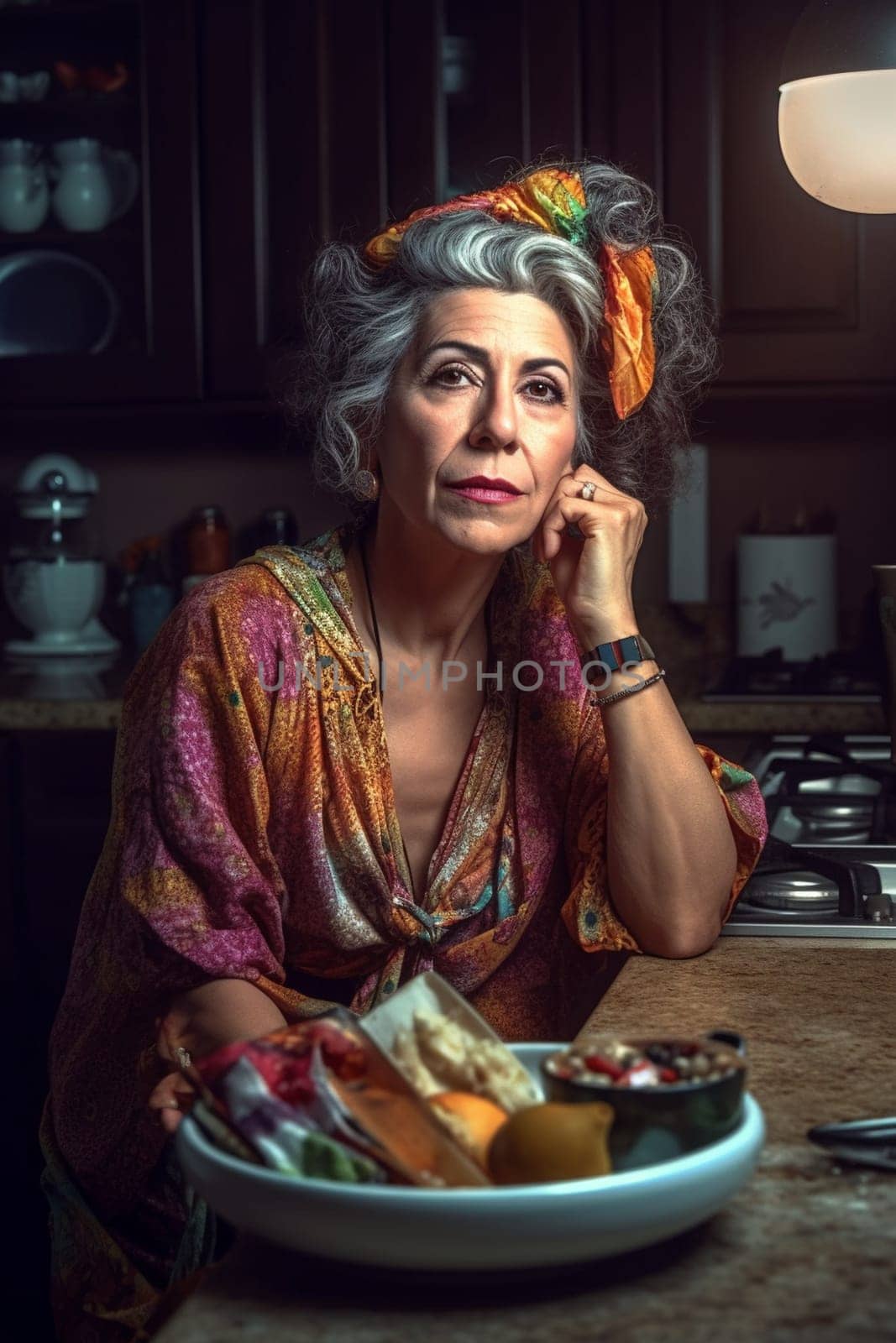 A 50 year old Latina woman is being portrayed in a cozy kitchen. (generative AI)