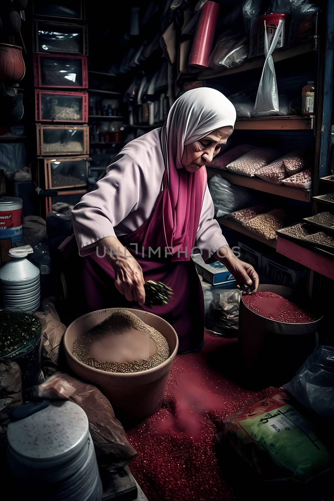 50-year-old Middle Eastern woman beams with a smile as she shops in a vibrant spice market. (generative AI)