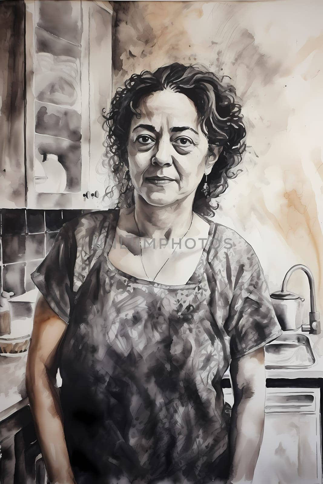 A 50 year old Latina woman is being portrayed in a cozy kitchen. (generative AI)