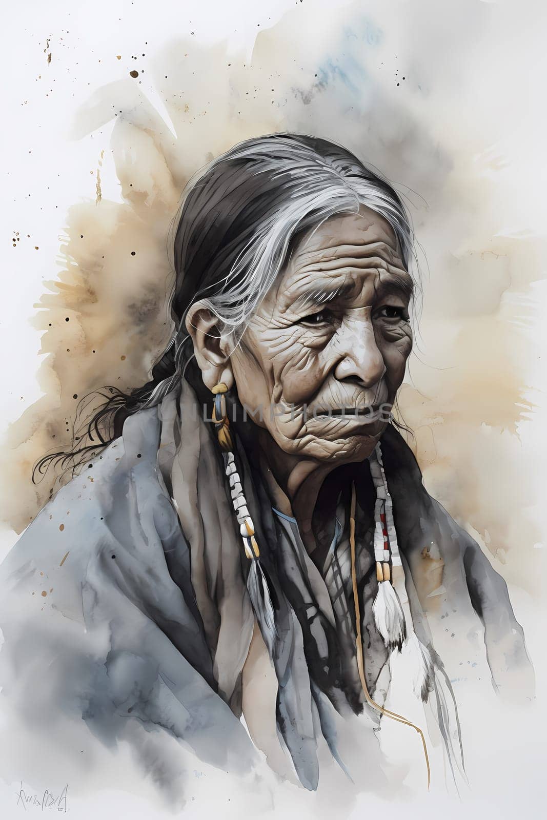 A 50-year-old Native American woman stands in front of a wide desert landscape with a serious expression. (generative AI)