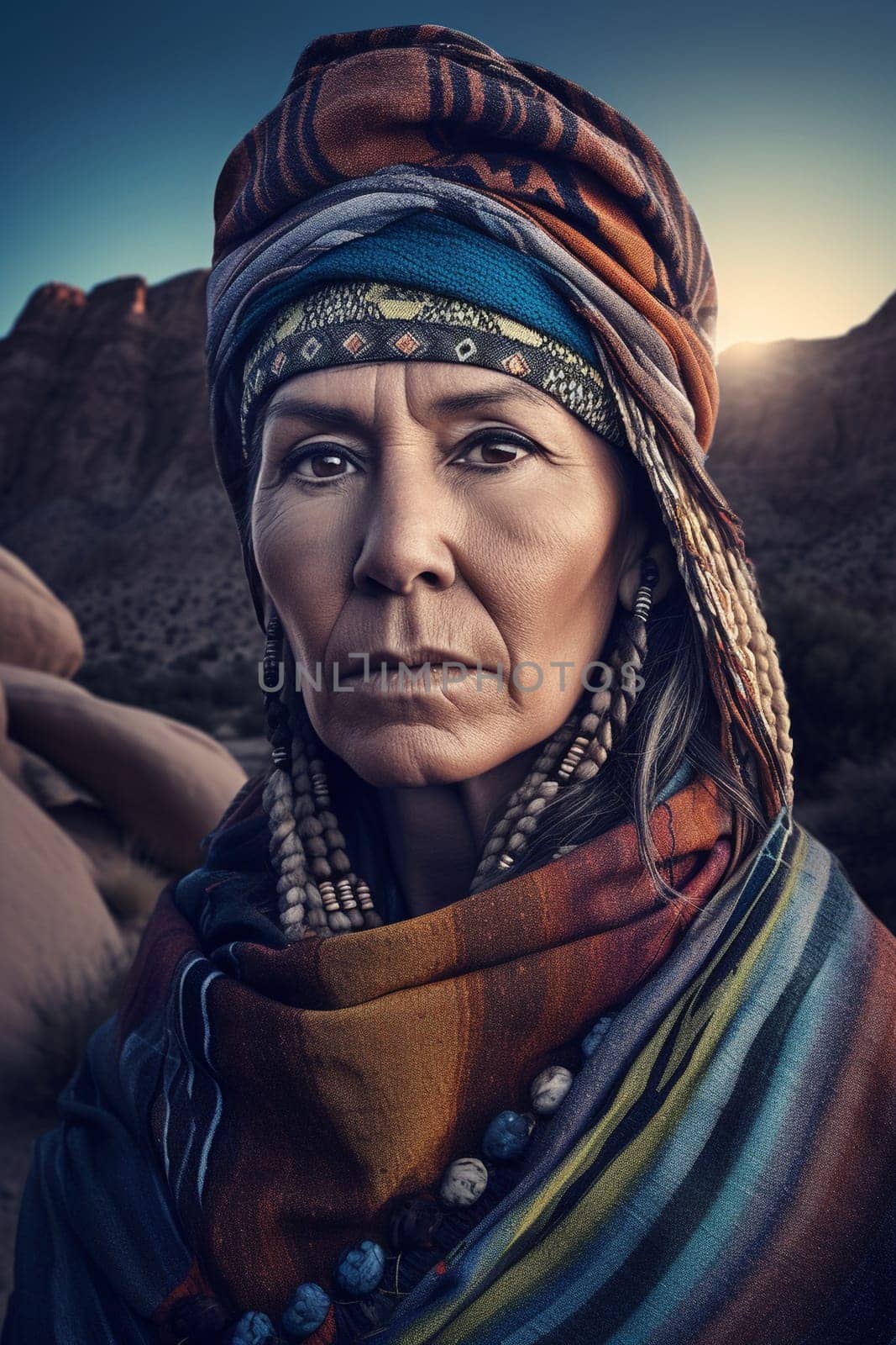 A 50-year-old Native American woman stands in front of a wide desert landscape with a serious expression. (generative AI)