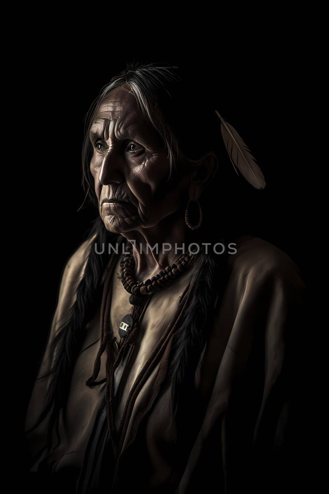 A 50-year-old Native American woman stands in front of a wide desert landscape with a serious expression. (generative AI)
