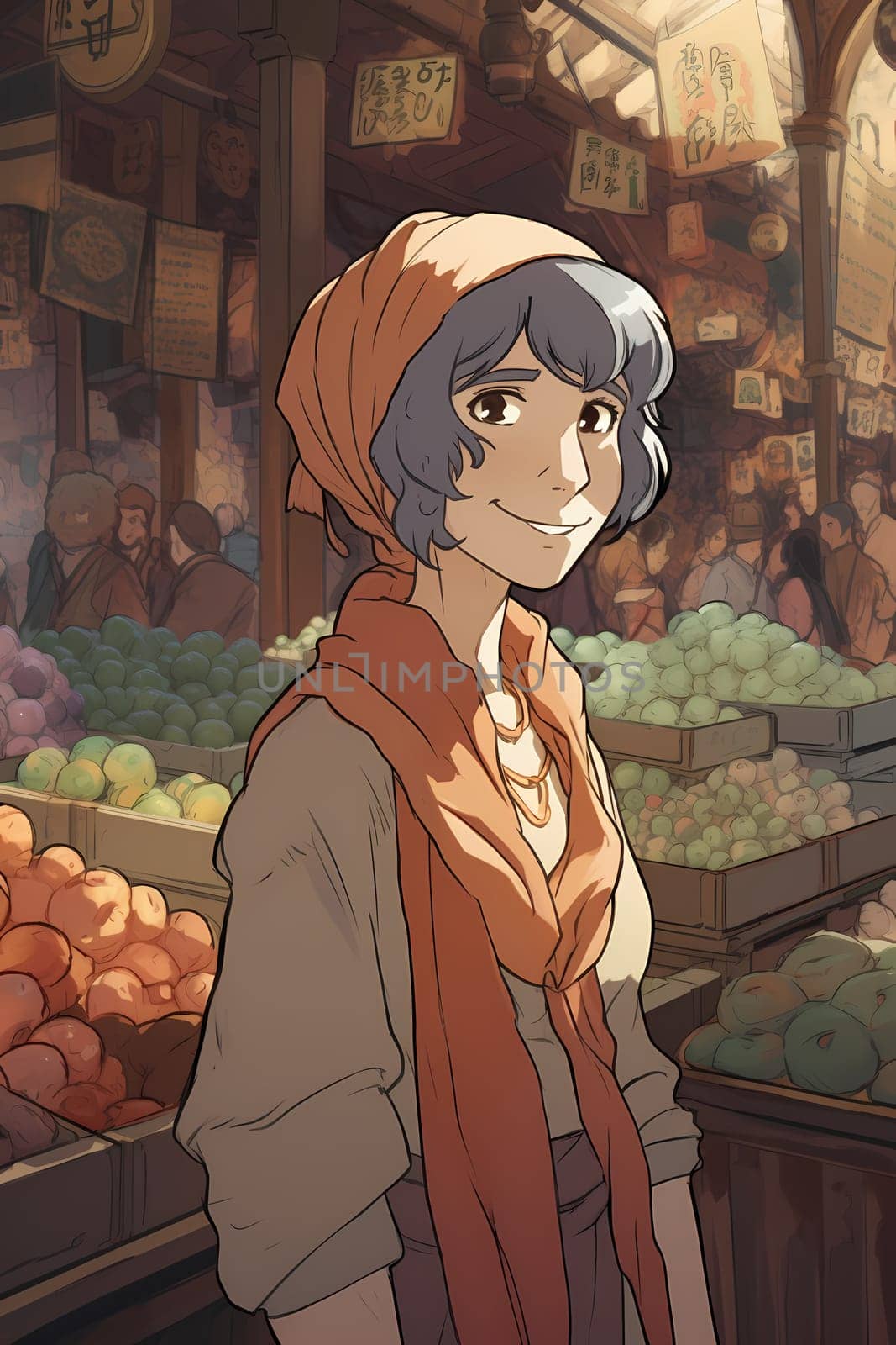 50-year-old Middle Eastern woman beams with a smile as she shops in a vibrant spice market. (generative AI)