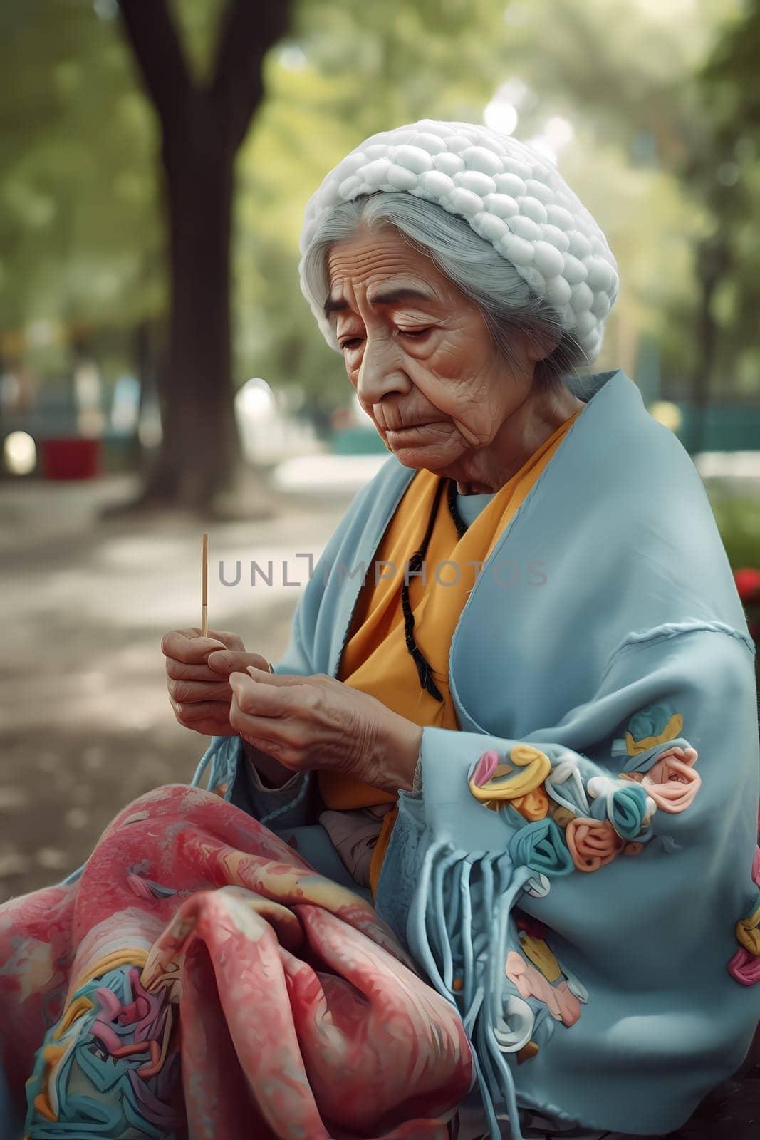 A 50-year-old Mexican woman is depicted knitting in a park surrounded by nature (generative AI)