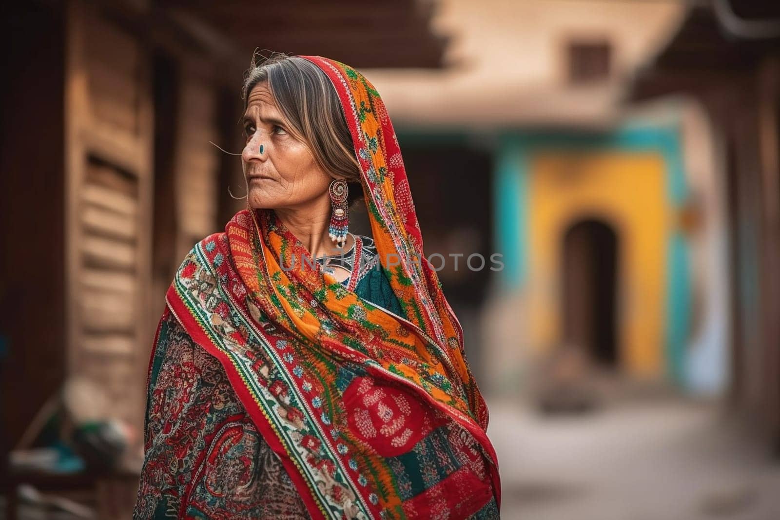 50-year-old Middle Eastern woman beams with a smile as she shops in a vibrant spice market. (generative AI)