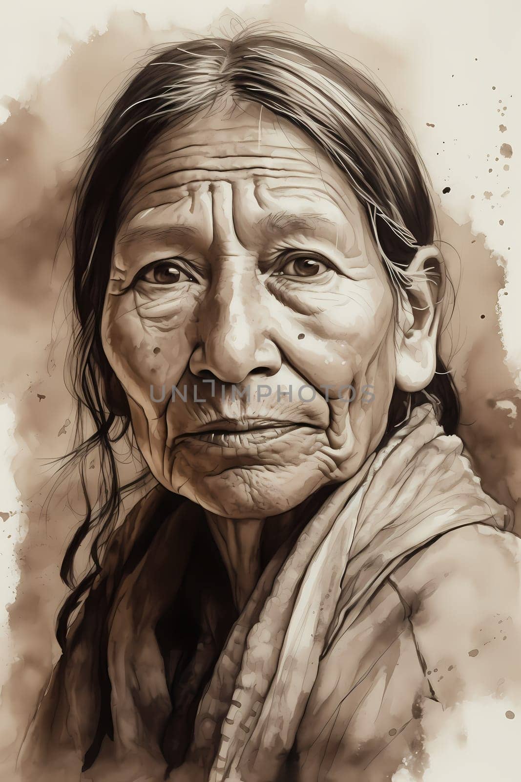 A 50-year-old Native American woman stands in front of a wide desert landscape with a serious expression. (generative AI)