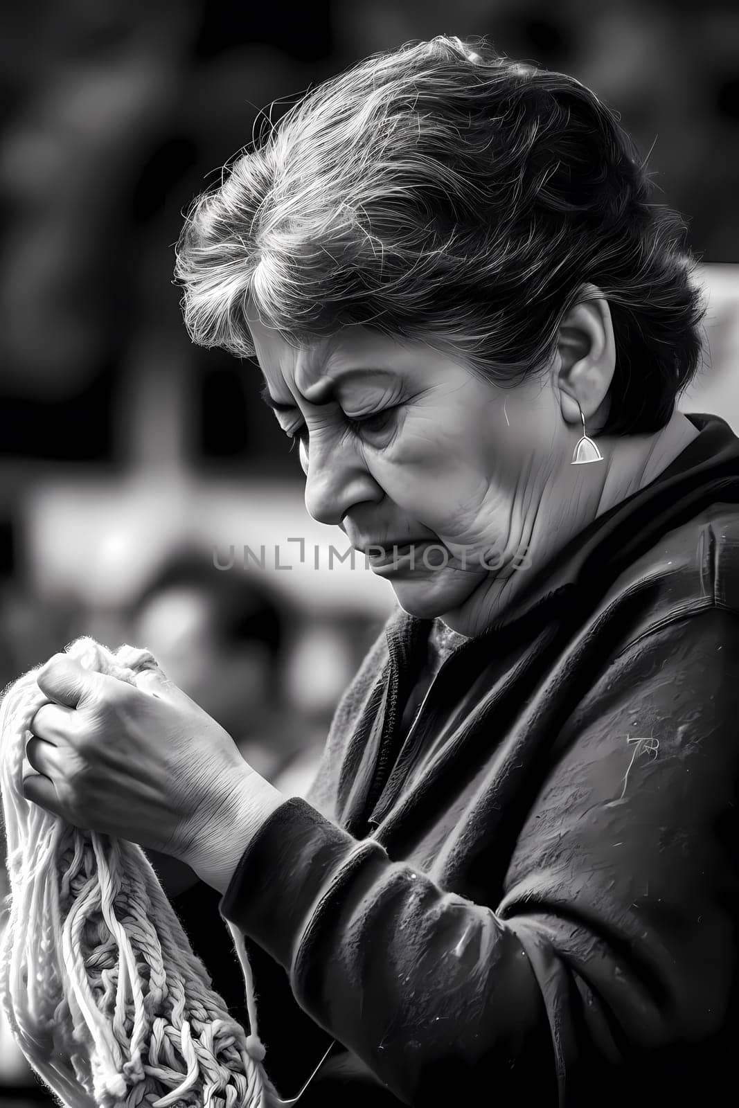 A 50-year-old Mexican woman is depicted knitting in a park surrounded by nature (generative AI)