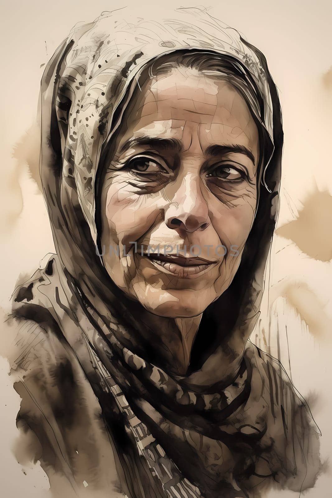50-year-old Middle Eastern woman beams with a smile as she shops in a vibrant spice market. (generative AI)