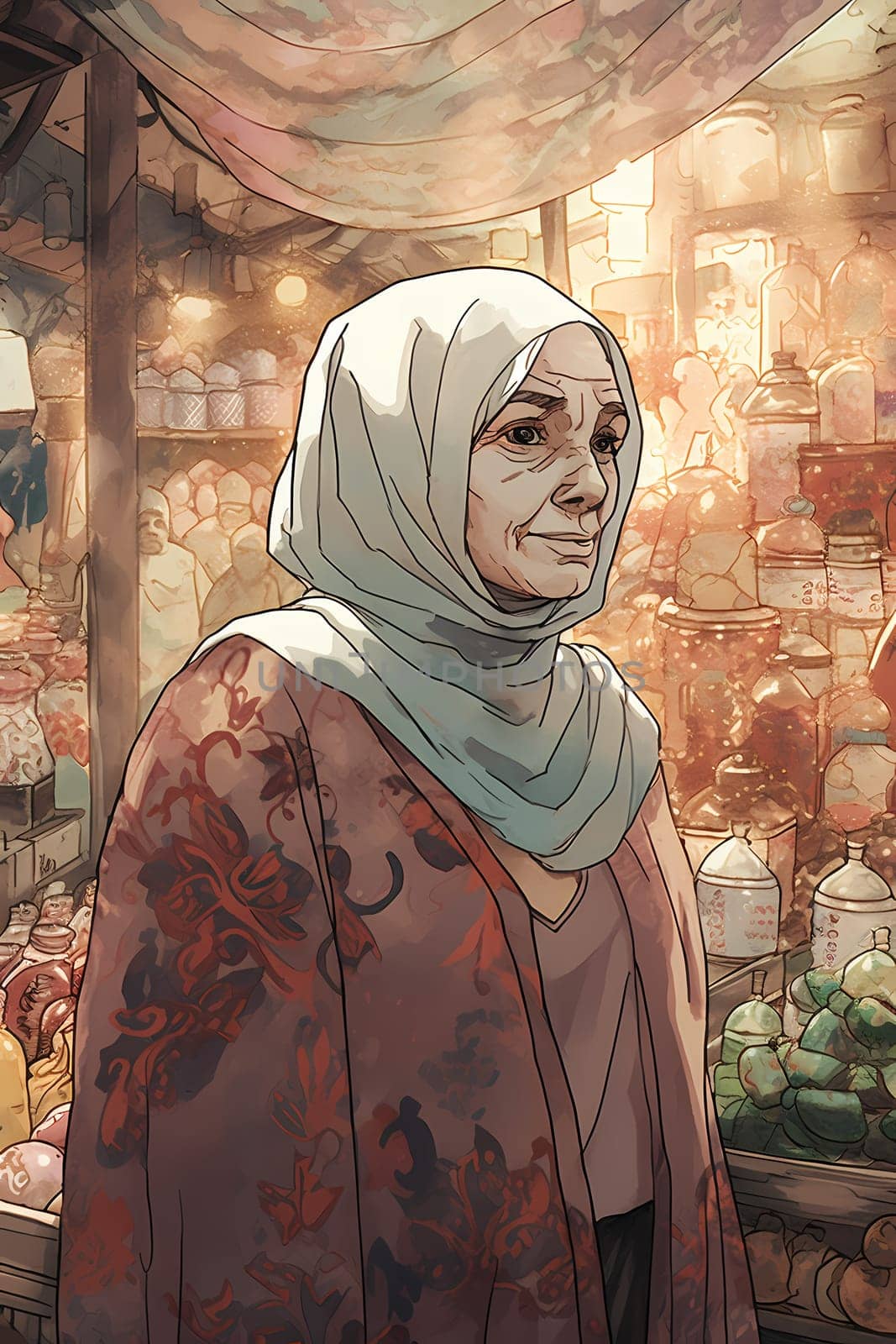 A 50-year-old woman of Middle Eastern descent haggles with vendors at a marketplace. (generative AI)