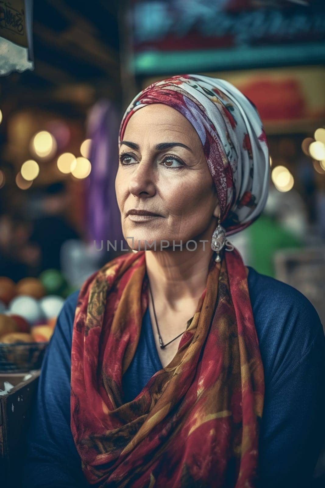 A 50-year-old woman of Middle Eastern descent haggles with vendors at a marketplace. (generative AI)