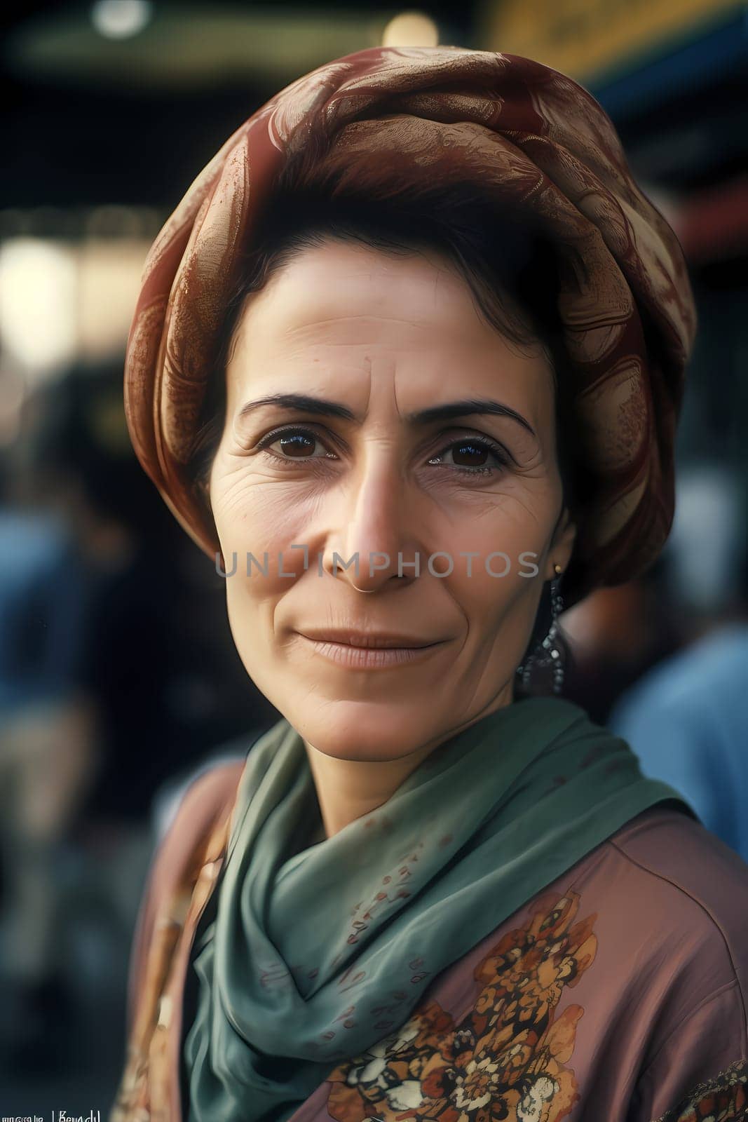 A 50-year-old woman of Middle Eastern descent haggles with vendors at a marketplace. (generative AI)